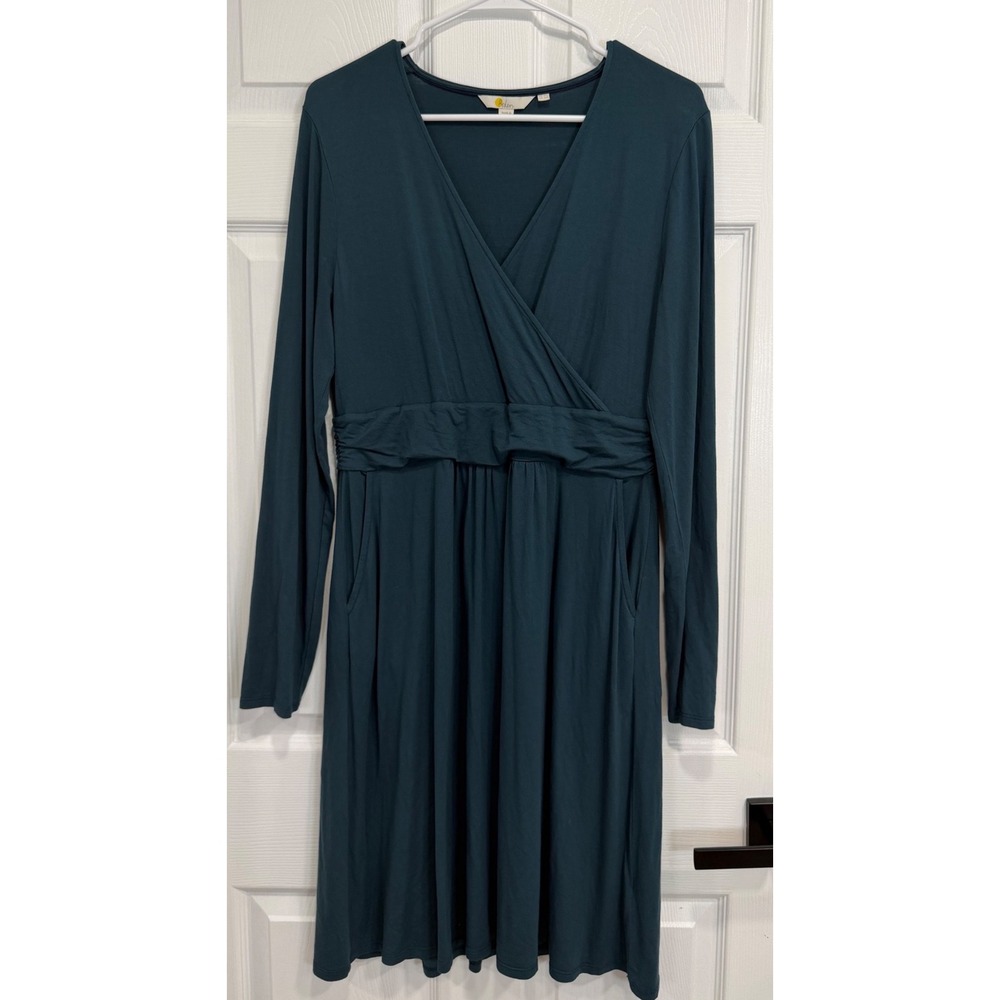 Boden Womens 10R Teal Green V-Neck Empire Waist Jersey Dress Long Sleeve Pockets
